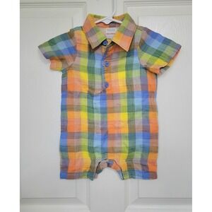 Hanna Andersson Boys Sz 70 6-12M Plaid Romper Short Sleeve Collar Gauze Shortall